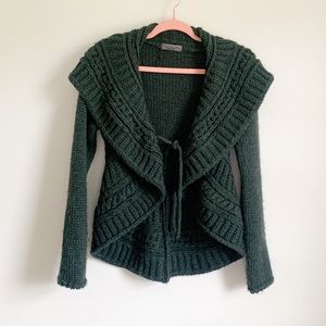 Anthropologie Elsamanda Green Chunky Knit Shawl Collar Open Cardigan with Tie
